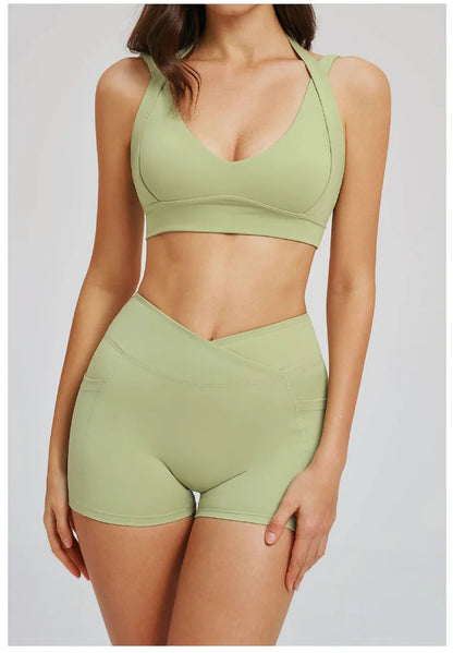 Women' Sports High Waist Shorts Set Fitness Cycling Elastic Sports Pants Yoga Bra Set Gym Sportswear Workout Set Athletic