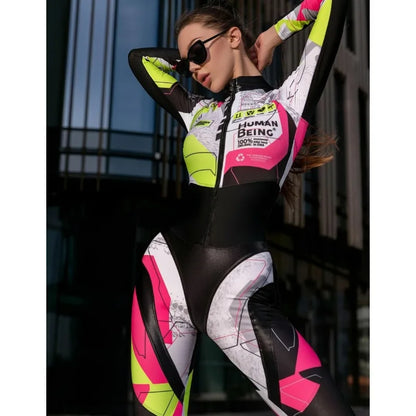 Women's Clothes Jumpsuits Sports Contrast Color Zipper Long Sleeve Tight Jumpsuit Yoga Jumpsuits Fitness 1-piece Sports Pants